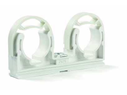 Plastová příchytka měděných trubek, dvojitá s třmenem se závitem M6,  2 x 28 mm