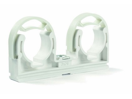 Plastová příchytka měděných trubek, dvojitá s třmenem se závitem M6,  2 x 28 mm