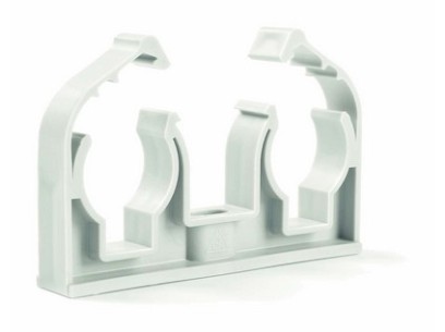 Plastová příchytka měděných trubek, dvojitá BEZ závitu M6 a s klipem, 2 x 15 mm