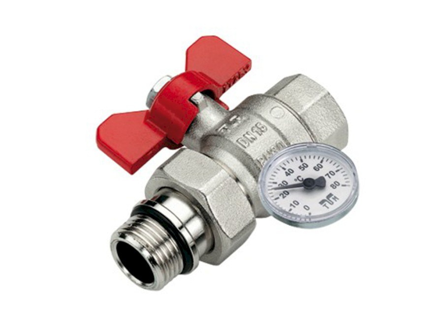 TIEMME kulový kohout se šroubením, s teploměrem, vnější/vnitřní závit s červeným motýlem 1