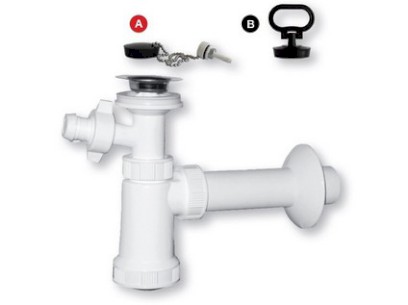 Umyvadlový E sifon s nerezovou miskou, zátkou a pračkovým vývodem  DN 40