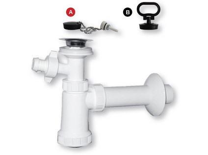 Umyvadlový E sifon s nerezovou miskou, zátkou a pračkovým vývodem  DN 40