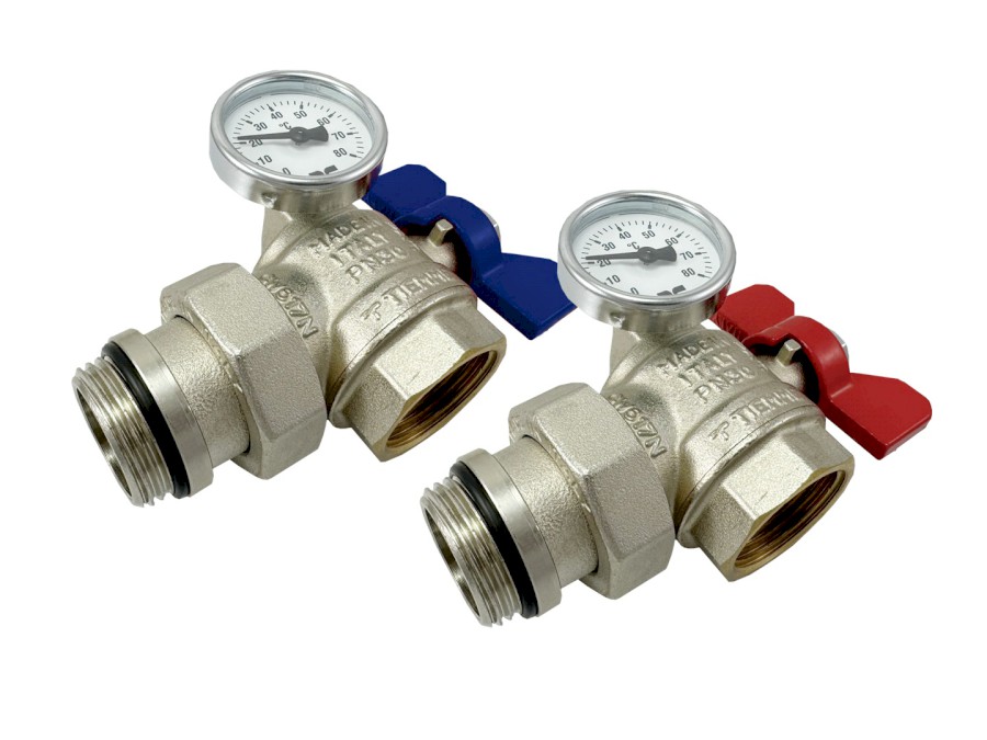 TIEMME kulový kohout rohový se šroubením vnější / vnitřní závit s motýlem a s teploměrem