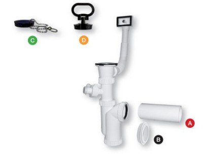 Sifon dřezový s univerzálním přepadem, pračkovým vývodem a zátkou s řetízkem  DN 50