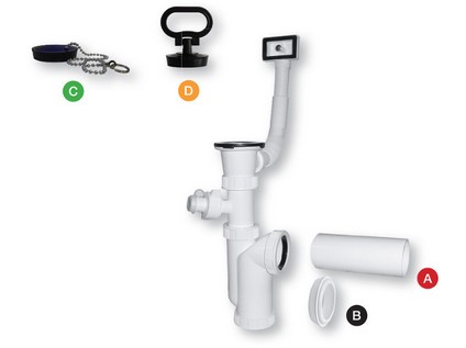 Sifon dřezový s univerzálním přepadem, pračkovým vývodem a zátkou s řetízkem  DN 50