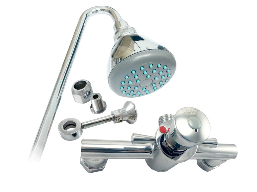 MCM nástěnná sprchová samouzavírací časová baterie rozteč 150 mm s pevnou sprchovou tyčí a koncovkou