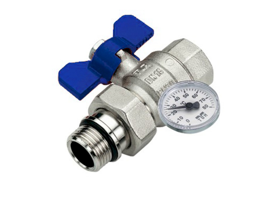 TIEMME kulový kohout se šroubením, s teploměrem, vnější/vnitřní závit s modrým motýlem 1