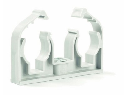 Plastová příchytka měděných trubek, dvojitá se závitem M6 a klipem, 2 x 15 mm