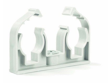 Plastová příchytka měděných trubek, dvojitá se závitem M6 a klipem, 2 x 15 mm