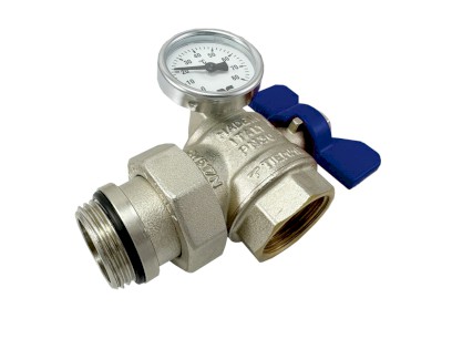 TIEMME kul. kohout rohový se šroubením, s teploměrem, vnější/vnitřní závit s modrým motýlem 1