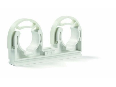 Plastová příchytka měděných trubek, dvojitá s třmenem BEZ závitu, 2 x 28 mm