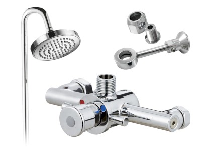 MCM nástěnná sprchová samouzavírací časová baterie rozteč 150 mm s pevnou sprchovou tyčí a koncovkou