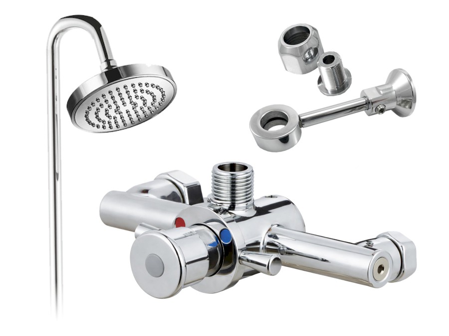 MCM nástěnná sprchová samouzavírací časová baterie rozteč 150 mm s pevnou sprchovou tyčí a koncovkou