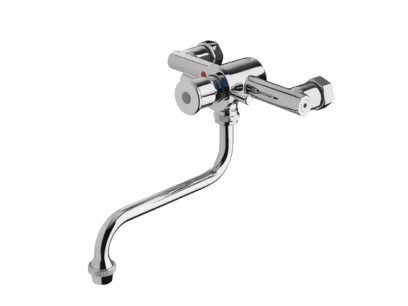 MCM nástěnná umyvadlová směšovací samouzavírací baterie s regulátorem průtoku a otočným ramínkem 165 mm