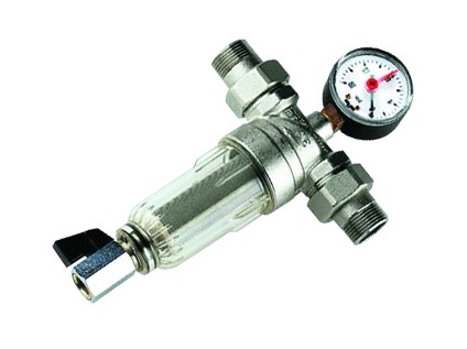 TIEMME odkalovací filtr s manometrem, se šroubením a průhledným tělem 1/2